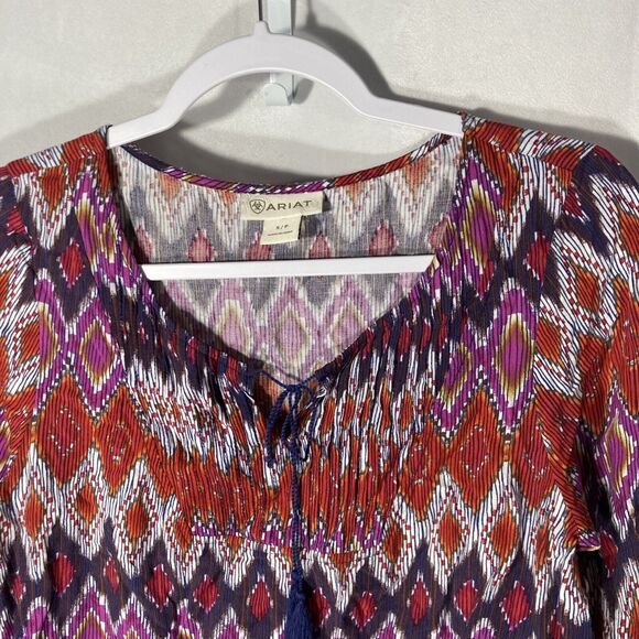 1-6 ARIAT multicolor geometric 3/4 sleeves rayon top S - Picture 2 of 8